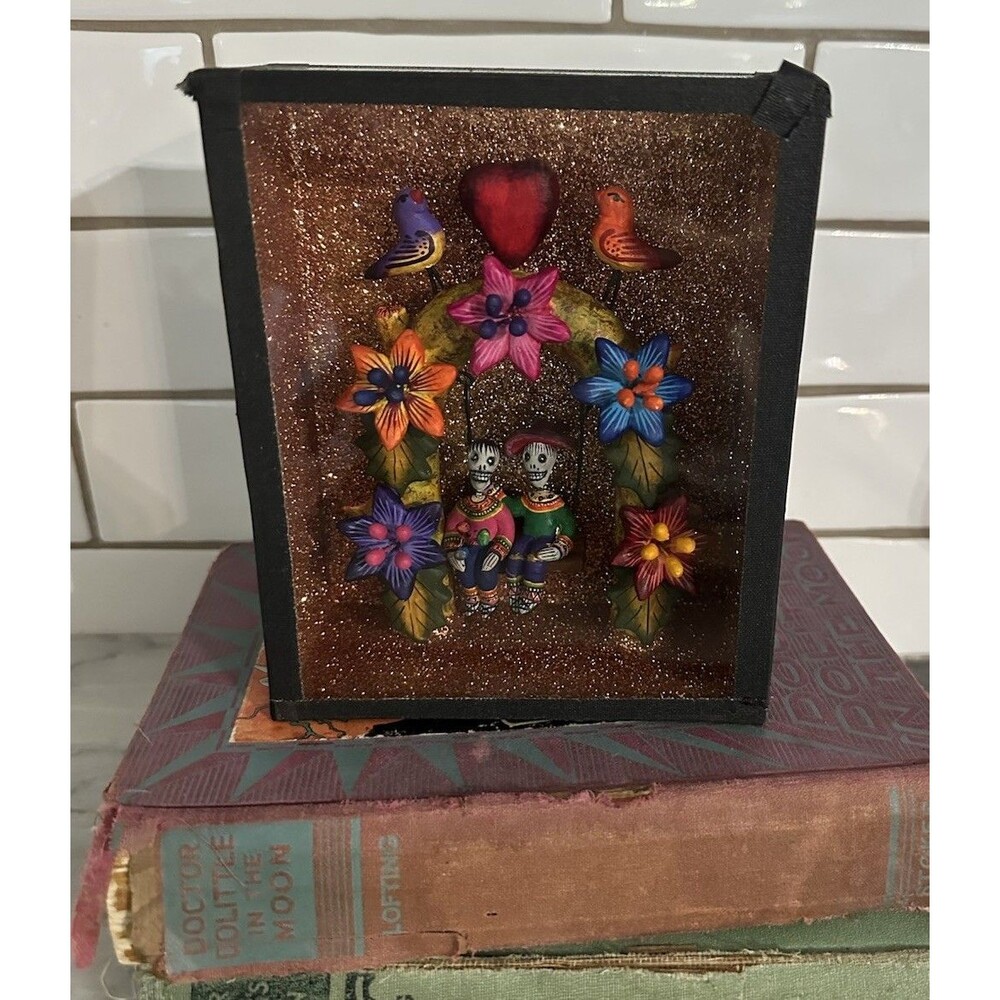 Vintage Mexican Shadow Box Handcrafted Birds Swing Flowers Day Of Dead Folk Art